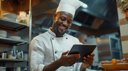 Cheerful chef using a digital tablet in a busy professional kitchen, embracing technology for culinary innovation