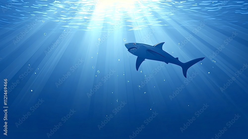 Poster sunbeams filtering through the ocean surface illuminate a shark gliding gracefully in the deep blue 