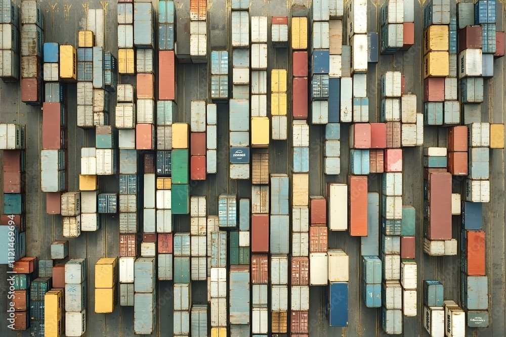 Poster aerial view captures the organized chaos of colorful shipping containers neatly arranged in an indus