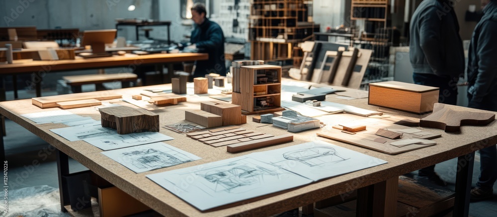 Poster wooden models and blueprints on a table in a workshop with a person in the background.