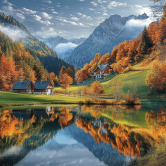 Fototapeta premium autumn landscape with lake and mountains