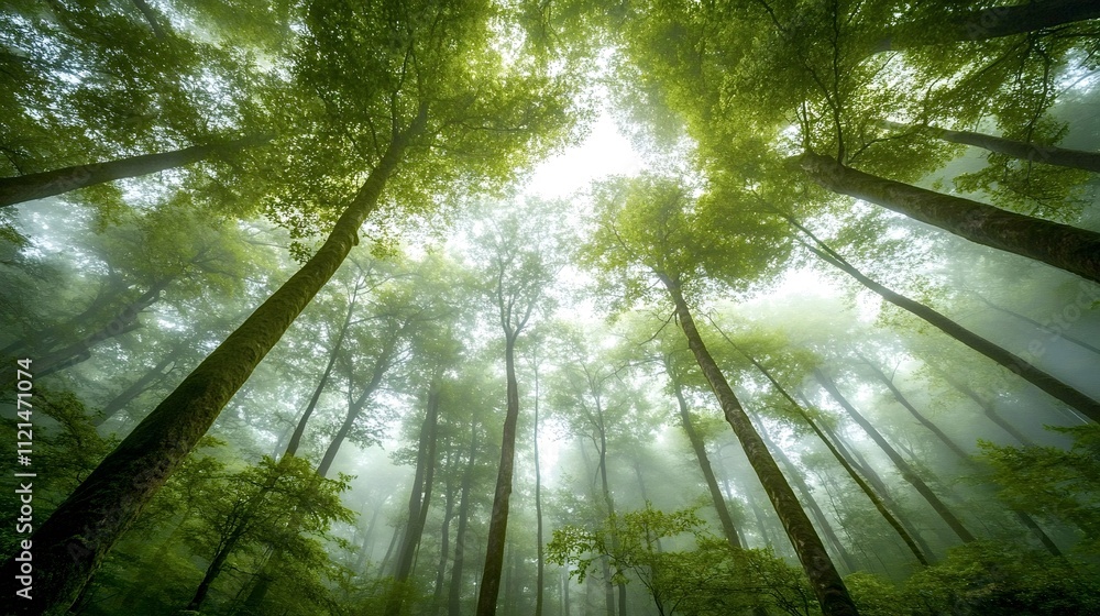 Aufkleber sunlight filters through a misty canopy in a lush green forest, creating a magical and serene atmosp