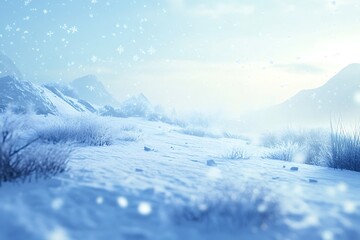 Snowflakes falling on untouched snow cover a field of frozen vegetation, with distant hazy mountains beneath a soft, light blue sky, creating a tranquil winter scene