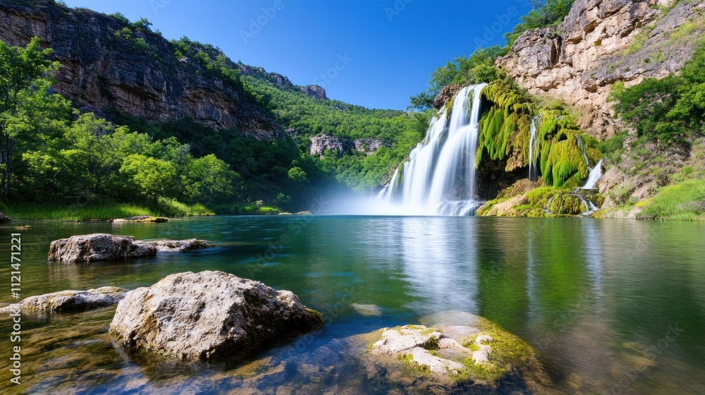 Poster a serene waterfall cascading into a tranquil pool surrounded by greenery.