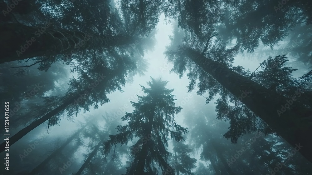 Poster low angle view revealing a mysterious fog enveloping coniferous trees in a dark forest, enhancing th