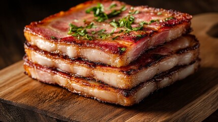 Crispy Bacon Slices with Fresh Herbs on Wooden Board