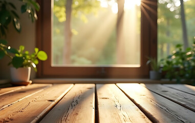 A rustic wooden tabletop in warm tones, with ferns and foliage blurred in the background through a sunlit window. The scene evokes serenity and nature's beauty, ideal for eco-friendly product mockups