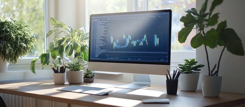 A modern home office with a computer displaying a financial chart, surrounded by potted plants and natural light streaming through the window.