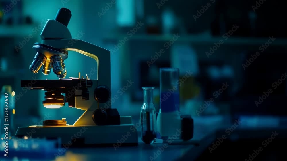 Poster close-up of a microscope on a sterile lab bench, ready for precision analysis in a clinical setting