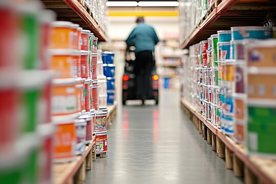 A worker navigating through a colorful aisle of paint cans in a hardware store, showcasing organized product displays and the shopping experience