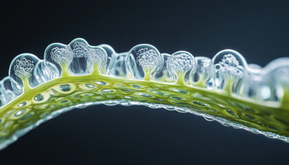 photorealistic cross section of plant stem showcasing intricate cellular structures and bubbles, highlighting beauty of nature design and complexity