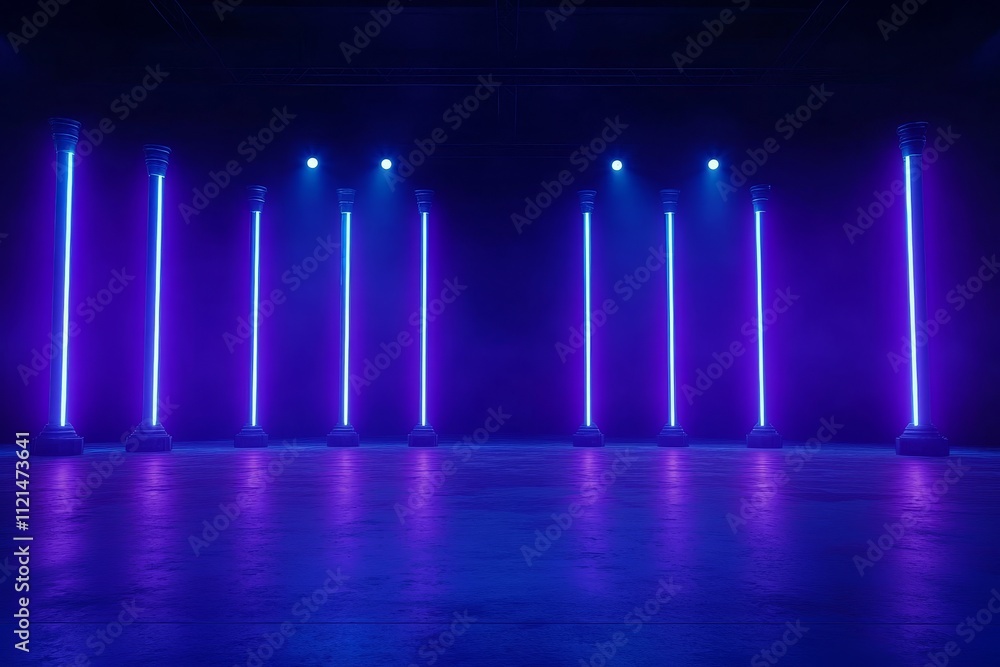 Poster abstract background with purple neon lights and fog in a dark space featuring vertical columns and a