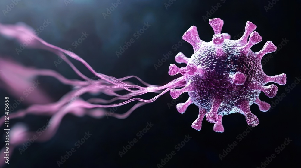 Poster 3d representation of a virus with elongated structures.