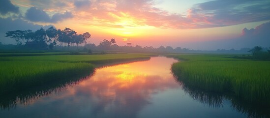 Tranquil river reflecting a colorful sunrise over a lush green field.