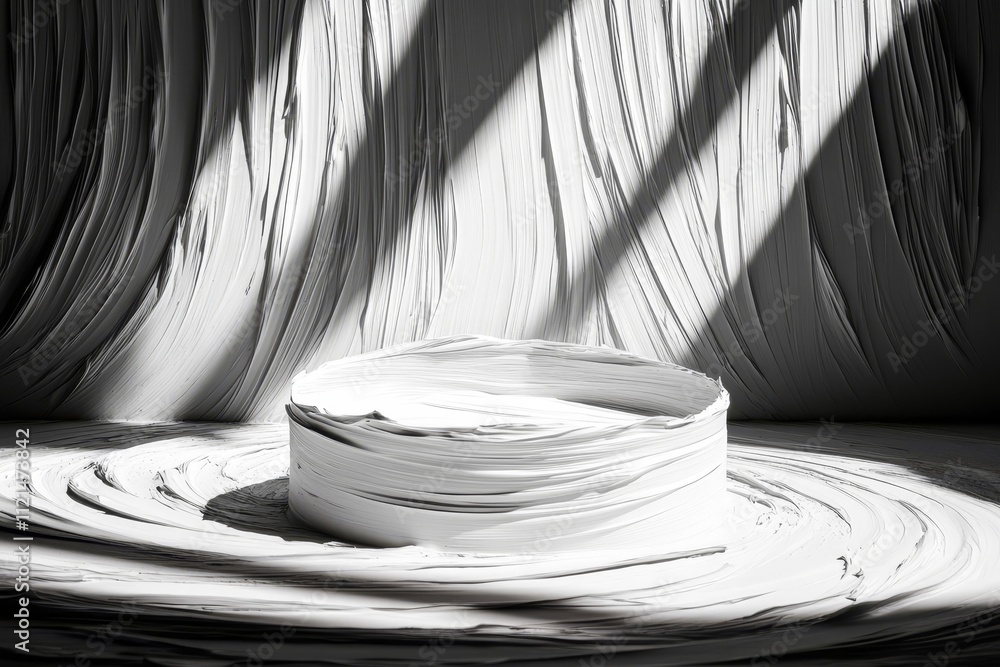 Poster abstract composition of smooth white cream forming a circular shape against textured background with