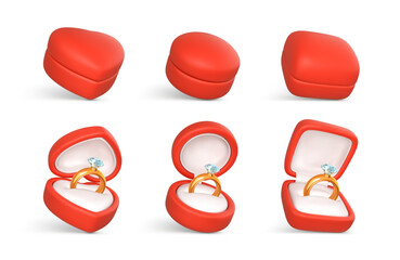 Red boxes for the rings. Engagement ring with precious stone in open box. Accessory for marriage proposal. Vector illustration