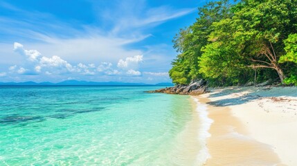 Fototapeta premium Tropical Paradise: Serene Beach, Azure Waters, Lush Greenery