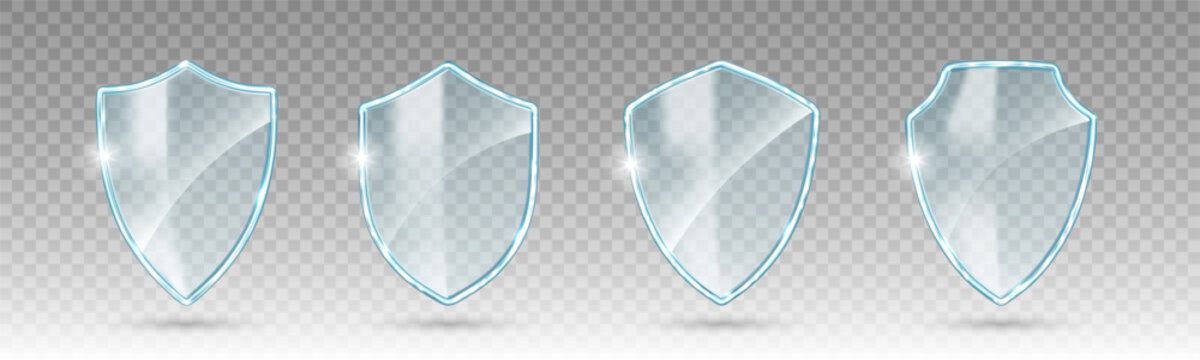 Transparent glass shields. Empty blank transparent acrylic glass panel. Realistic glossy guard shields isolated on transparent background. Vector illustration
