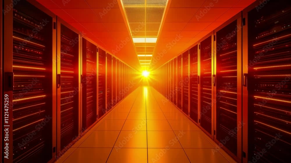 Poster a data center corridor illuminated by a warm sunset glow, showcasing rows of server racks and high-t