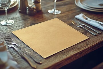 A rustic wooden table elegantly set with polished cutlery and crystal glasses, featuring a central blank placemat ready for culinary delights.