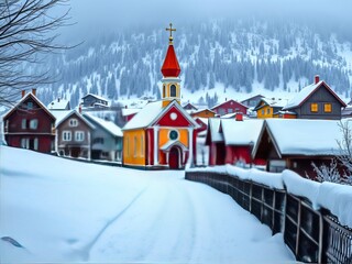 Fototapeta premium Snowy Village Church Path - Vibrant Winter Wonderland