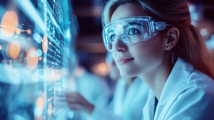 A young woman wearing glasses looks at the holographic display screen