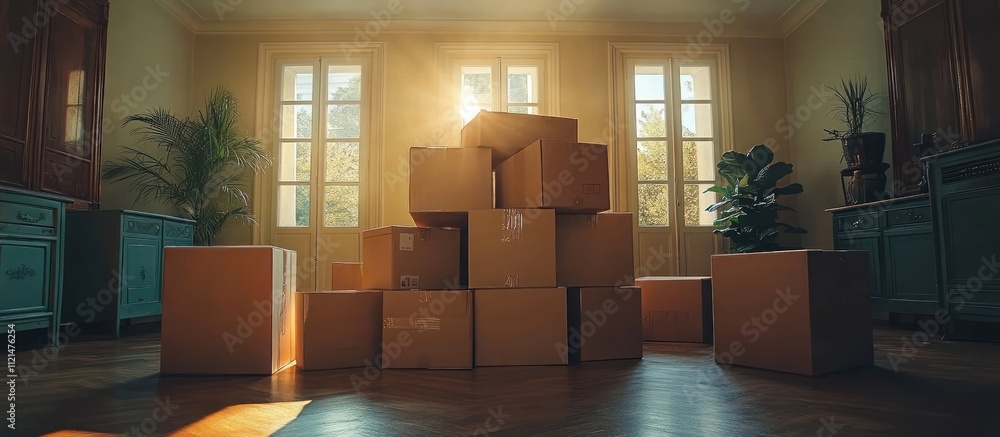 Poster a stack of moving boxes in an empty room with large windows.