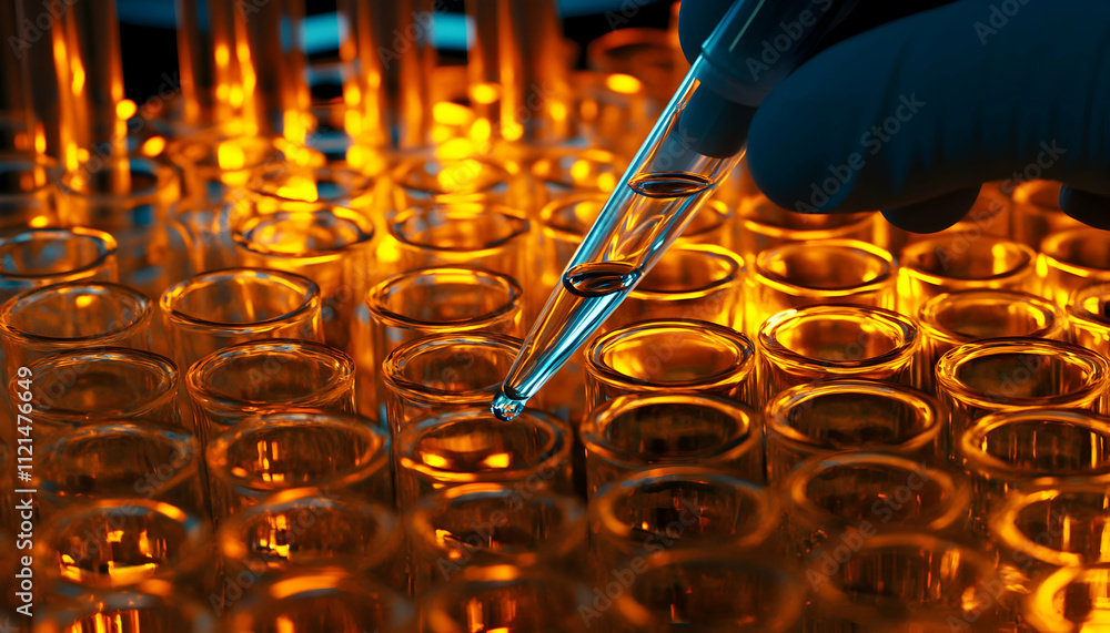 Aufkleber close-up shot of a gloved hand using a pipette to add liquid into a rack of illuminated test tubes i