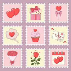 Set of Cute Stamps for Valentine's Day Vector Illustrations.