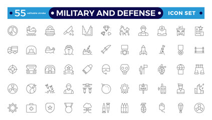 Military equipment, combat war weapon line icon set. Missile bomb and grenade, pistol and medal of army soldier, target of gun drone Military and Defense editable stroke outline icon.