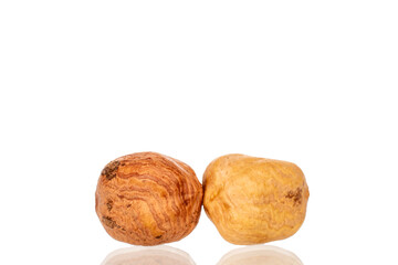 Several hazelnuts, close-up, isolated on white background.