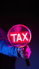Magnifying glass highlights TAX in neon red, The image represents tax services, financial focus, and business strategies