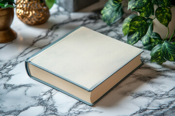 Fototapeta premium Close-up of a hardcover book with a blank cover resting on a marble surface. A touch of greenery adds a natural element to the scene.