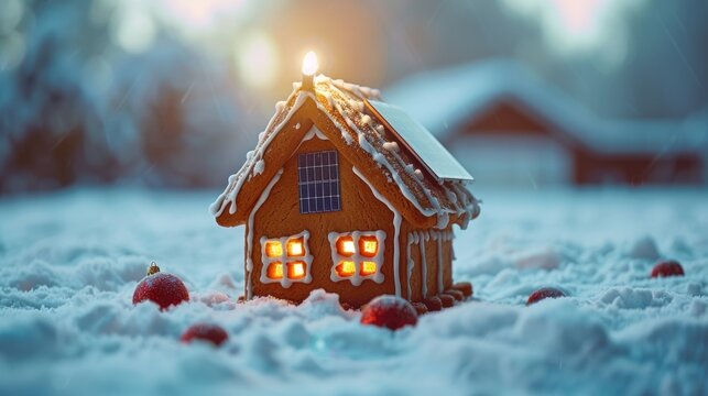 Whimsical gingerbread house with solar panel blends festive charm and eco friendly innovation