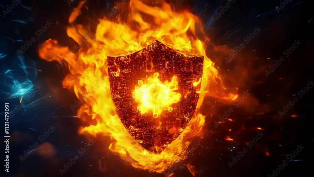Aufkleber cyberattack and it infrastructure, a firewall icon with flames and a virus symbol, representing cybe