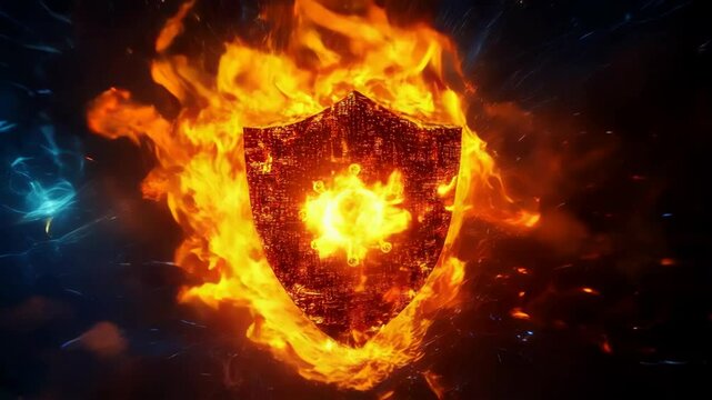 Cyberattack and IT infrastructure, A firewall icon with flames and a virus symbol, representing cyberattacks bypassing defenses.