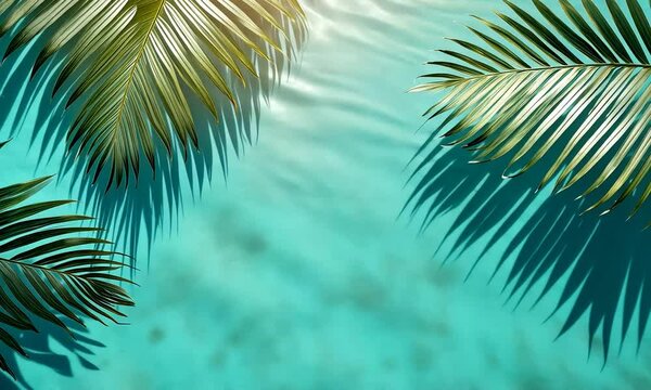 Background texture: reflection of a palm tree in the turquoise sea. Shadows of palm leaves on blue water.