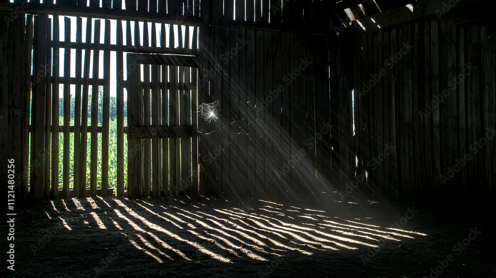 Poster sunbeams illuminate a rustic barn interior, highlighting a spiderweb and creating dramatic shadows. 