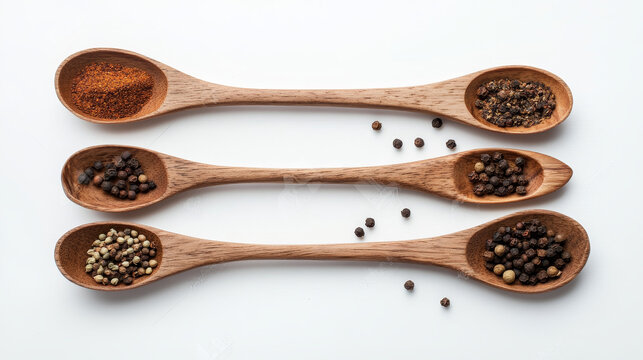 A knolling layout with wooden spoons arranged in a neat, grid-like or parallel format on a clean white background. Each spoon contains a different vibrant spice to create a visually striking contrast 