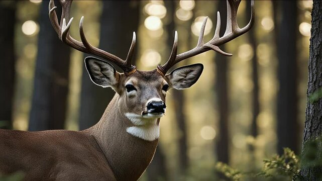 closeup video majestic whitetail deer buck framed dense forest animal cervid rbivore mammal white tail outdoors virginia wildlife wilderness wild wisconsin antler rack nature portrait regal trophy