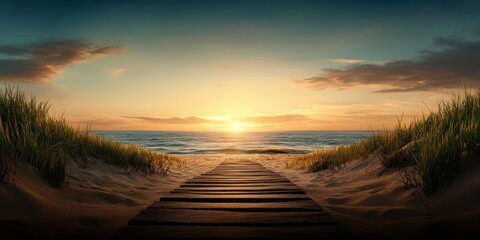 Pathway leading to a serene beach at sunset