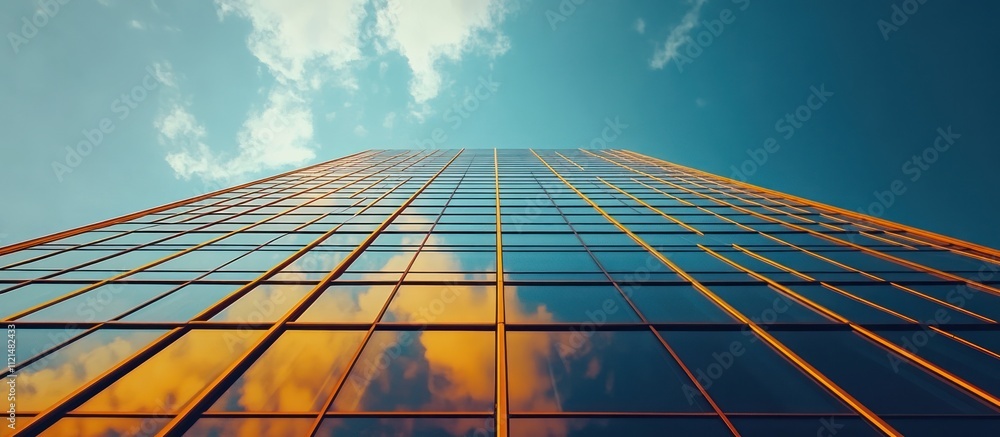 Poster a low angle view of a tall glass building with a blue sky and white clouds reflecting in the windows