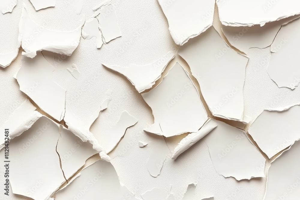 Poster close-up view of peeling white paint on wall surface creating textured pattern and visual interest f