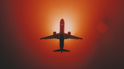 Silhouette of Airplane Soaring Through Sunset