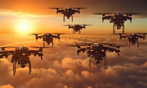 A stunning sunset scene featuring multiple drones flying above fluffy clouds, showcasing advanced technology in a serene and picturesque environment.
