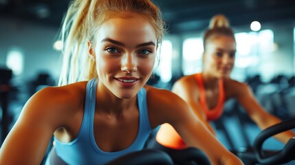 Fototapeta premium A young woman riding a spinning bike in the gym