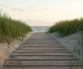 Fototapeta premium Serene wooden pathway through beach grass leading to ocean