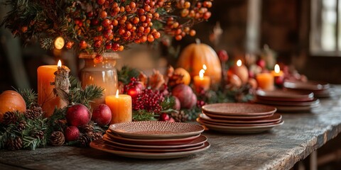 Naklejka premium Autumn Dining Table Decorated with Candles and Leaves