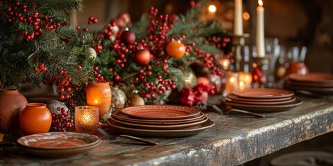 Fototapeta premium Autumn Dining Table Decorated with Candles and Leaves