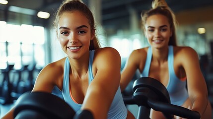 Fototapeta premium A young woman riding a spinning bike in the gym